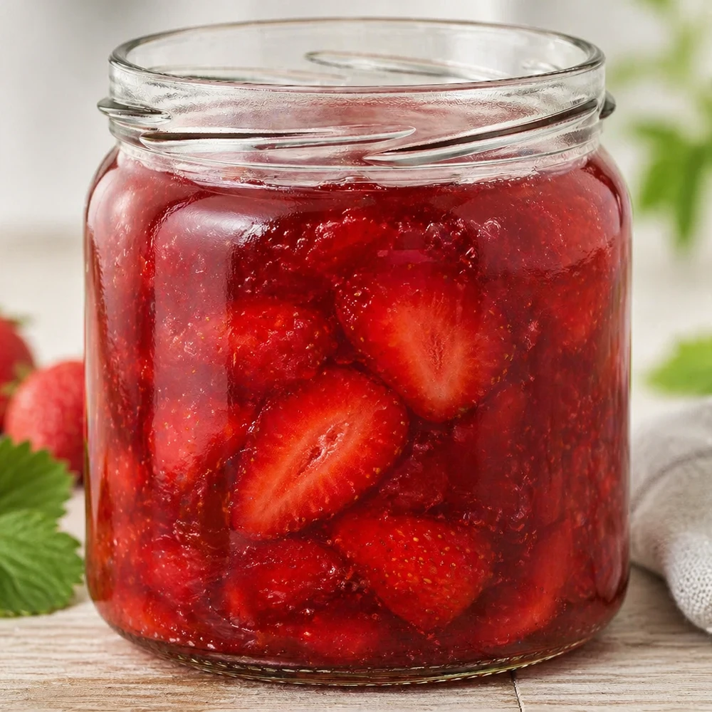408ml rond glas zonder deksel (TO82) UNiTWIST UNiTWIST Runda408 ronde pot 408ml gevuld met zelfgemaakte aardbeienjam toont praktisch gebruik als inmaakpot