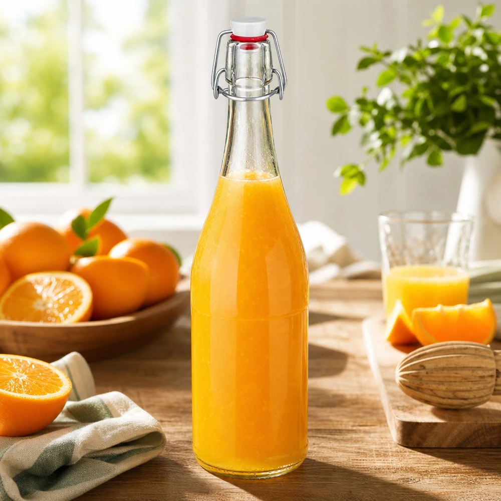 750 ml glazen fles + draaidop PVC UNiTWIST 750ml Glasflasche Bügelverschluss mit Orangensaft befüllt Sonnenlicht Frühstückstisch frische Orangen vitaminreich