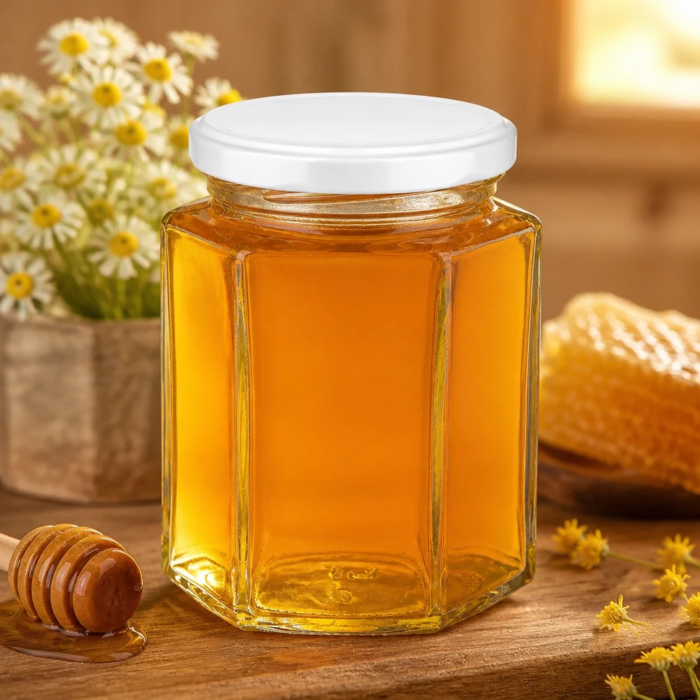 191 ml Hexaglas + BasicSeal-deksel, wit, UNiTWIST® Doorzichtig Hexaglas UNiTWIST-potje van 191 ml, ideaal voor het afvullen en cadeau geven van honing