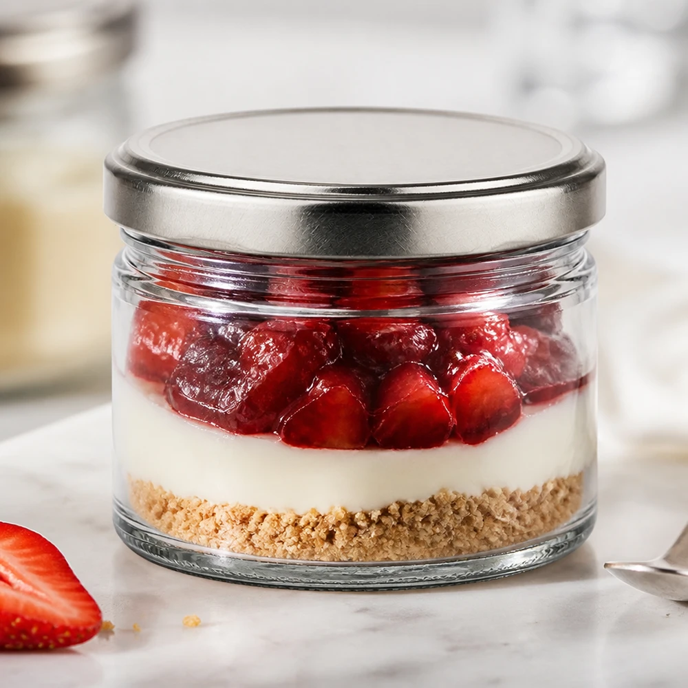 540ml rond glas met BasicSeal deksel zilver UNiTWIST 540 ml rond glas met zilveren deksel als dessertglas voor aardbeien kwarktaart in een glas, gelaagd dessert
