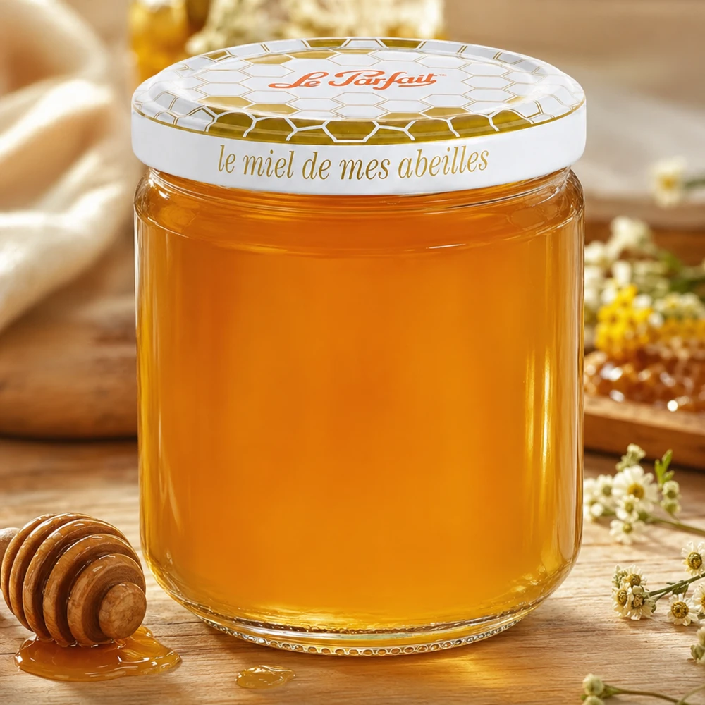 Le Parfait® honingpot 212 ml Ø63 mm Le Parfait 212ml honing voorraadpot gevuld met gouden honing naast honinglepel en kamille op houten tafel