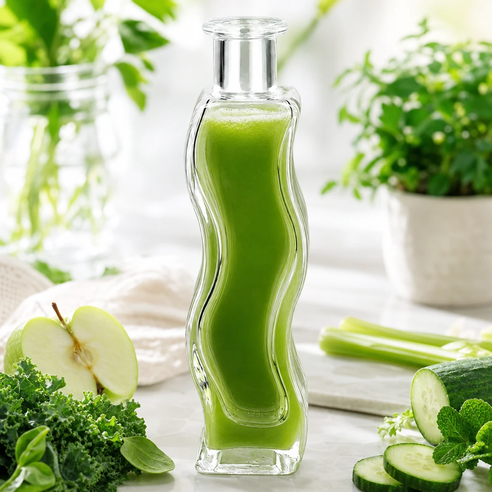 100 ml glazen fles Melissa zonder sluiting UNiTWIST® 100ml glazen fles Melissa gevuld met groene smoothie omringd door groenten, appel, komkommer en kruiden op een witte houten tafel