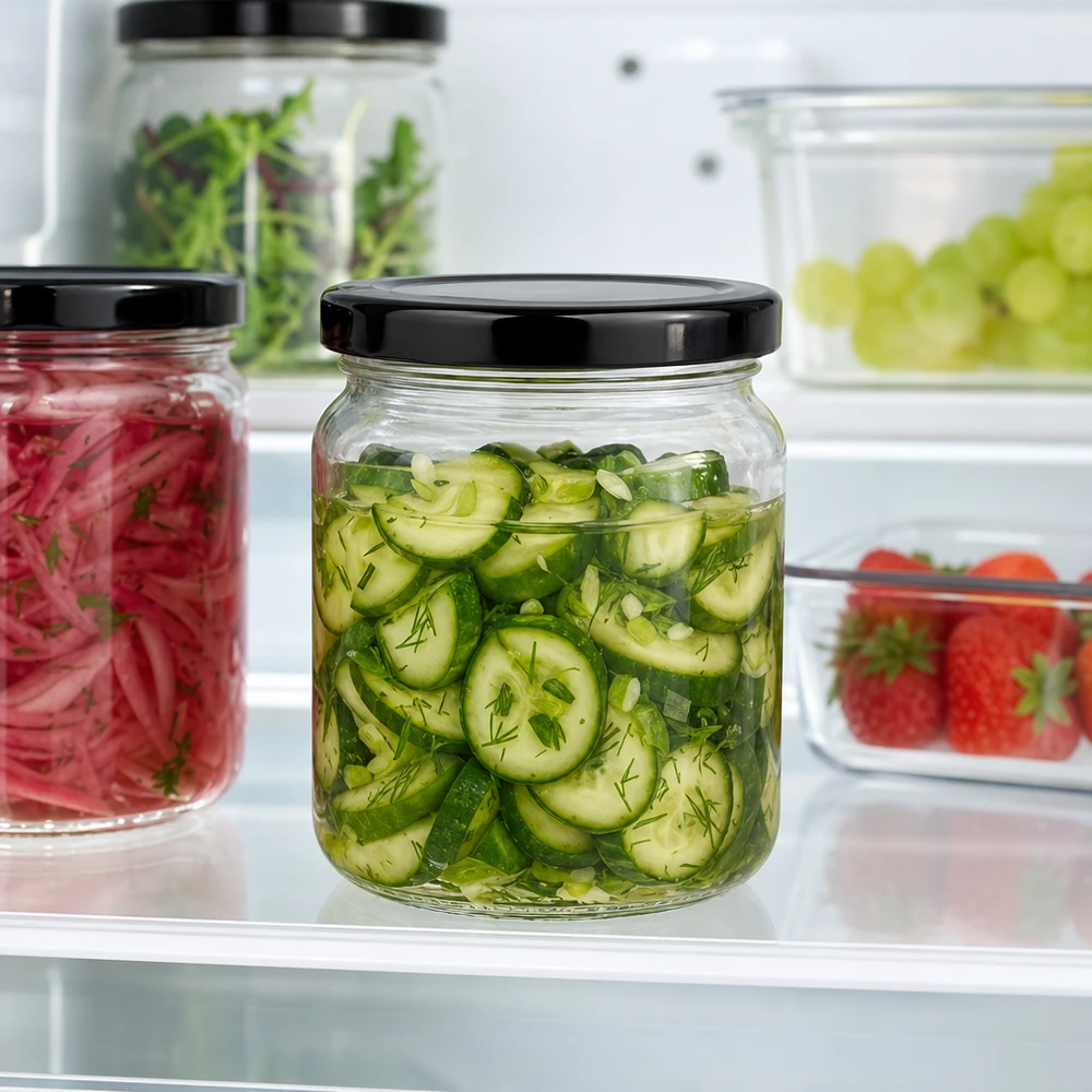 53ml rond glas met BasicSeal deksel zwart UNiTWIST 53ml Rundglas mit schwarzem Deckel gefüllt mit eingelegten Gurken im Kühlschrank frische Konservierung Pickles