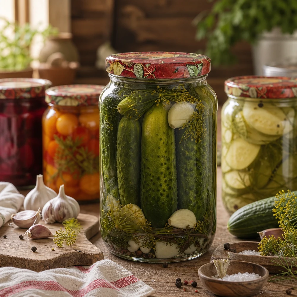 1062ml rond glas met BasicSeal deksel Fruit decor UNiTWIST 1062ml ronde pot gevuld met augurken BasicSeal deksel fruitdecor inmaakpot inmaak dille knoflook