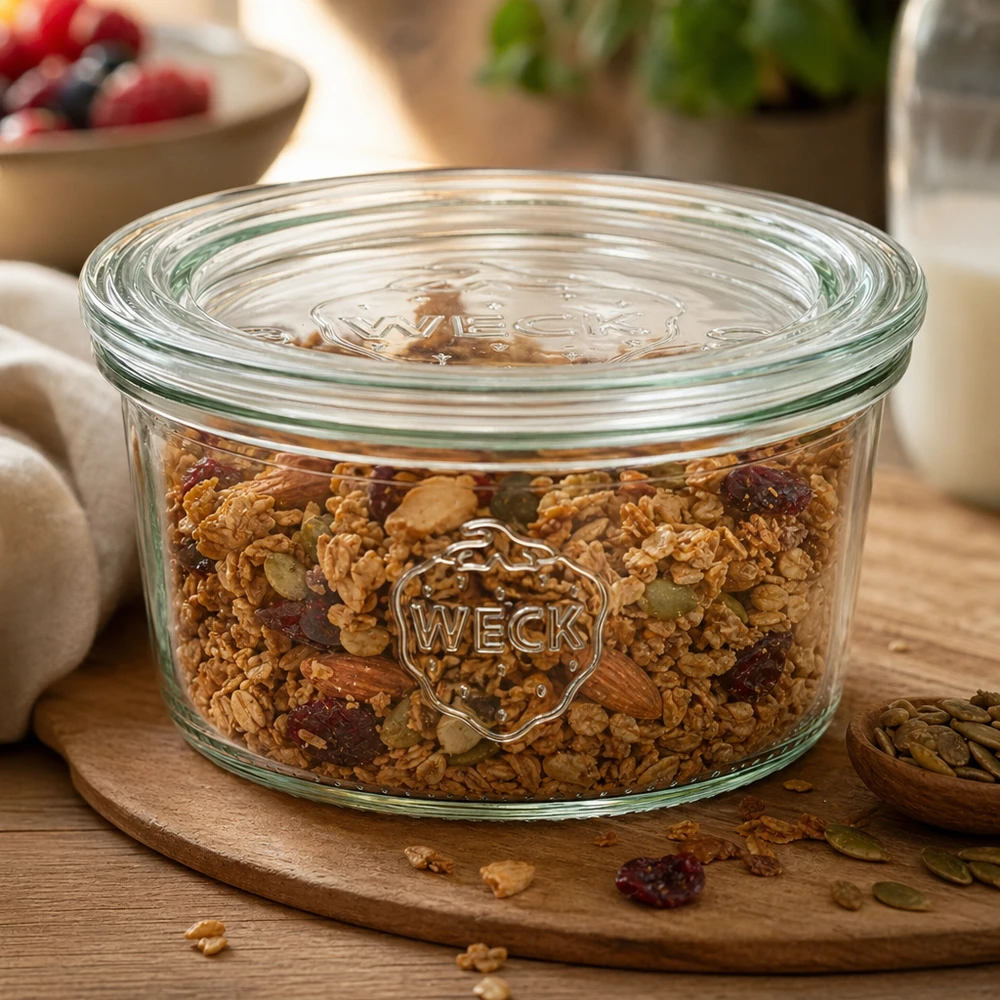 165ml stortglas met glazen deksel WECK RR80 WECK 165ml RR80 mason jar gevuld met muesli en gedroogd fruit op een ronde houten plank voor perfecte opslag