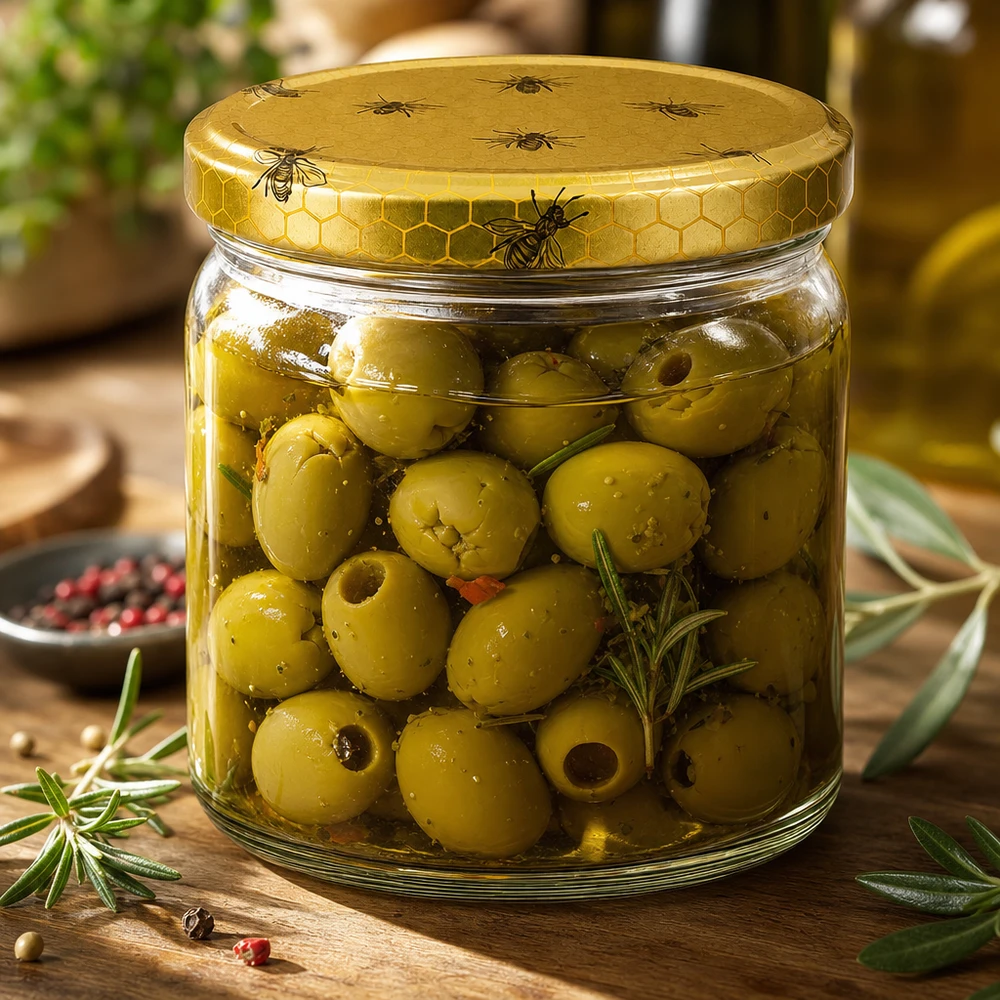 408 ml ronde pot met BasicSeal honingraatdeksel gevuld met ingemaakte olijven en kruiden op een houten tafel