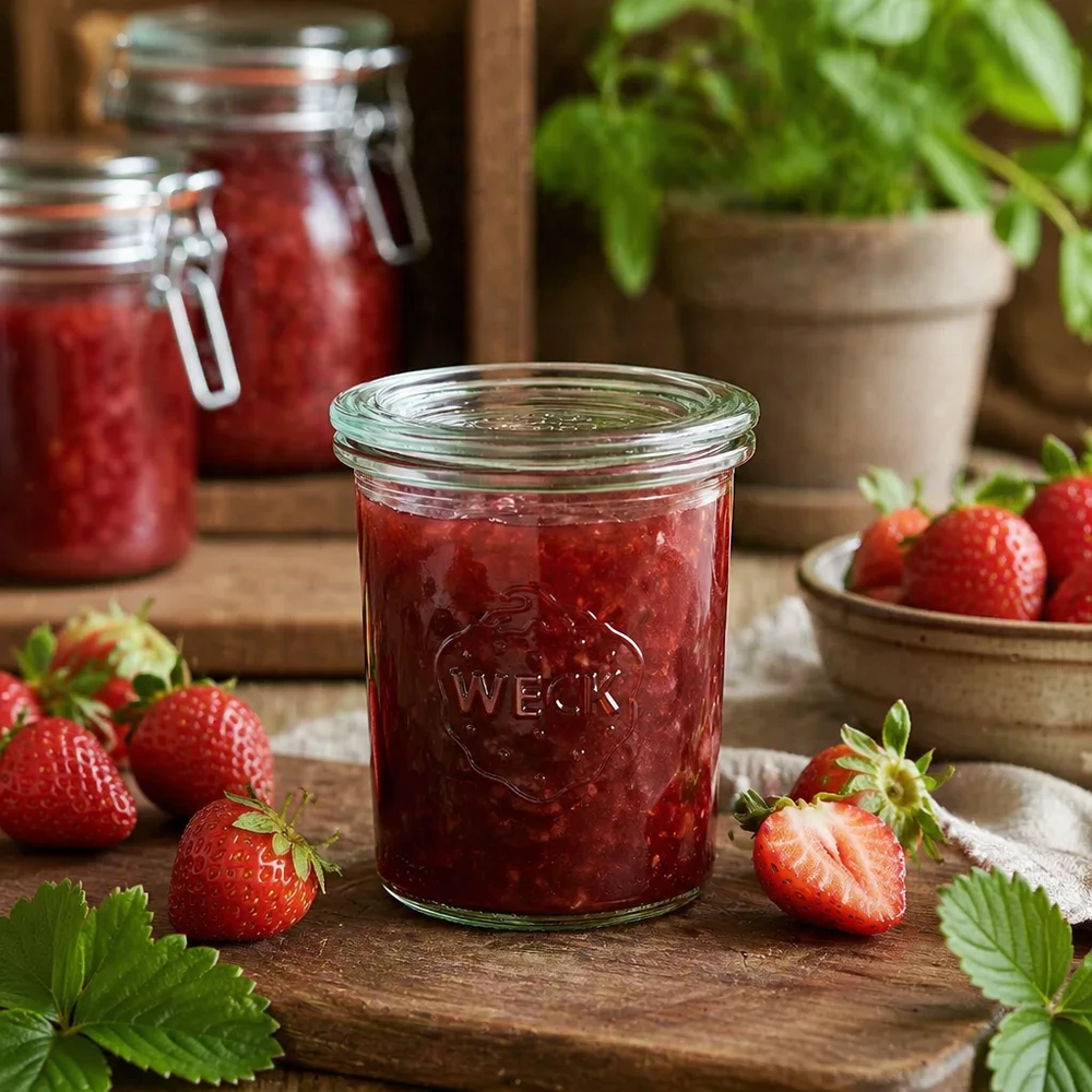 WECK RR60-pot van 160 ml met glazen deksel WECK RR60 160 ml mason jar gevuld met zelfgemaakte aardbeienjam, omringd door verse aardbeien op een houten tafel
