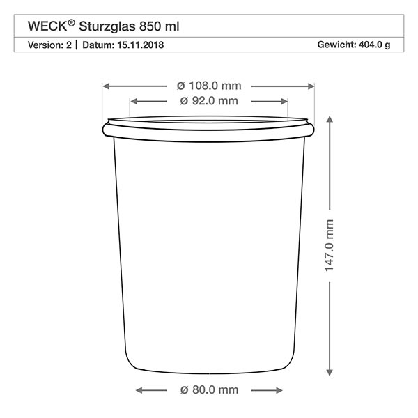 WECK RR100 glazen pot van 850 ml met glazen deksel WECK beker 850ml RR100 technische tekening afmetingen afmetingen 108mm diameter 147mm hoogte productspecificatie