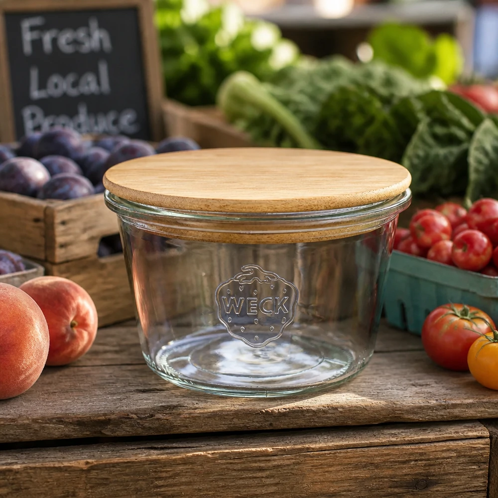 WECK RR100 bekers 370ml met bamboe deksel op een houten tafel omringd door vers fruit en groenten van de markt