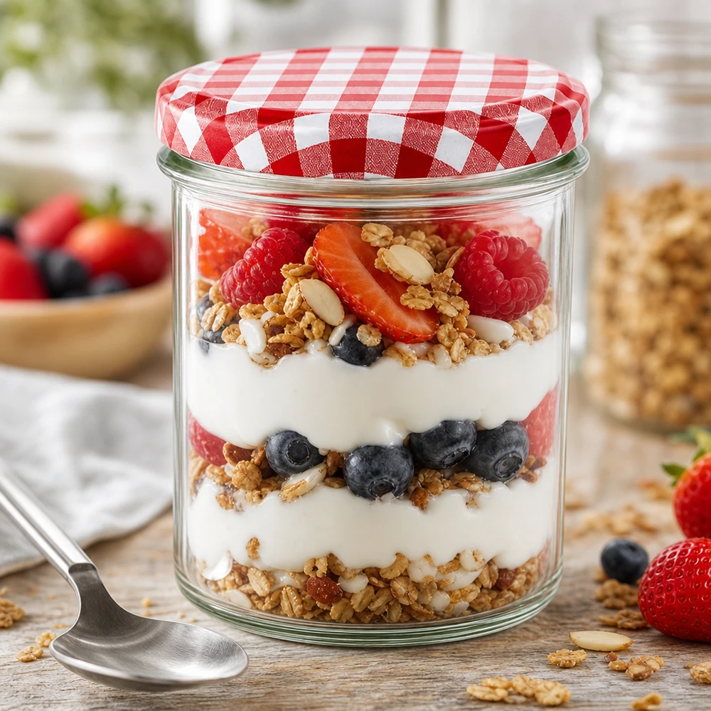 350ml bekers met BasicSeal deksel rood/wit UNiTWIST 350ml Sturzglas als Joghurt-Parfait mit Beeren und Müsli geschichtet, rot-weißer Deckel, kreative Küchennutzung