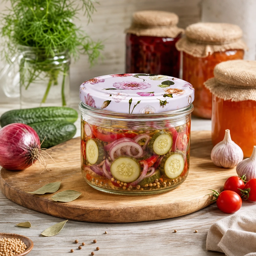 Cilindrische pot 230 ml + deksel BasicSeal roze bloem 230 ml cilinderpot met BasicSeal deksel bloemroze voor ingemaakte augurken - Pickles en conserven in de keuken