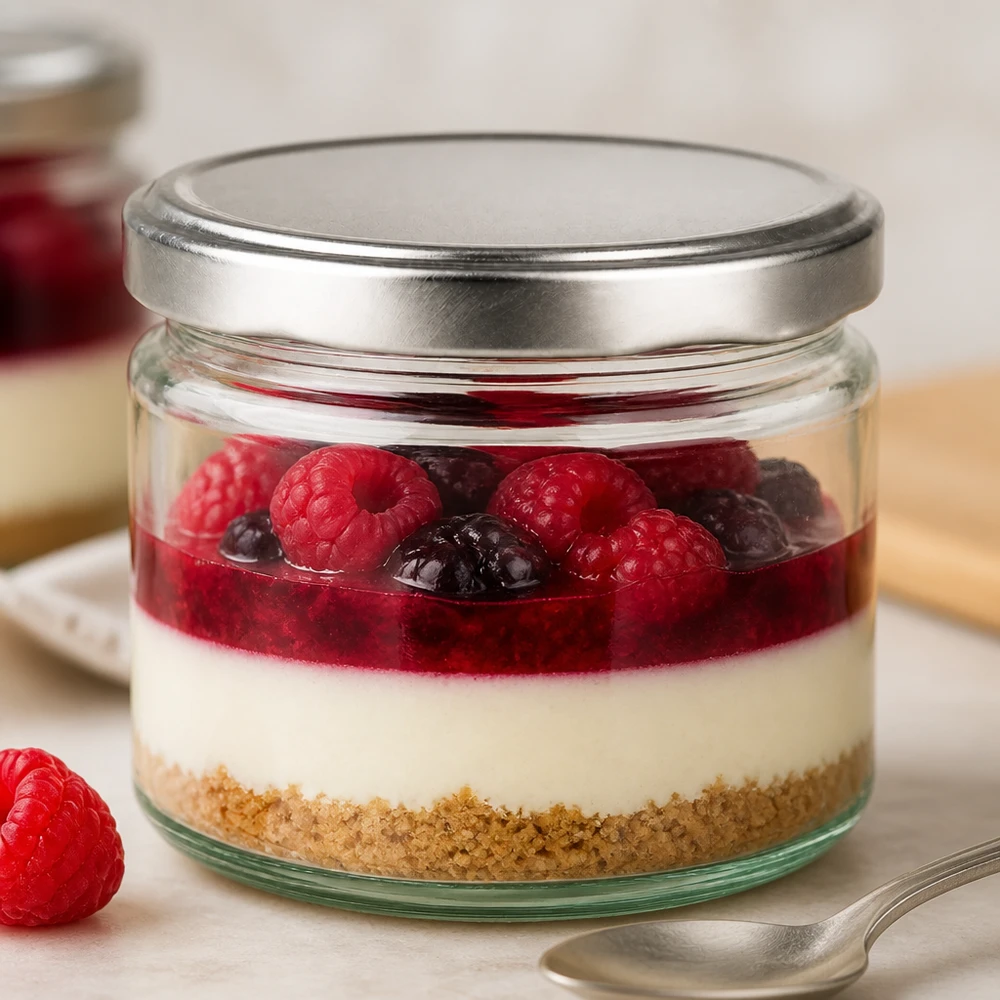 330ml rond glas met BasicSeal deksel zilver UNiTWIST 330ml ronde pot met BasicSeal deksel zilver gevuld met dessert frambozen bosbessen cheesecake in een pot