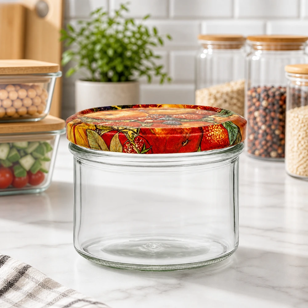 225ml bekers met BasicSeal deksel Fruit decor UNiTWIST 225 ml beker met fruitdecor deksel in moderne keuken, lege voorraadpot tussen andere inmaakpotten