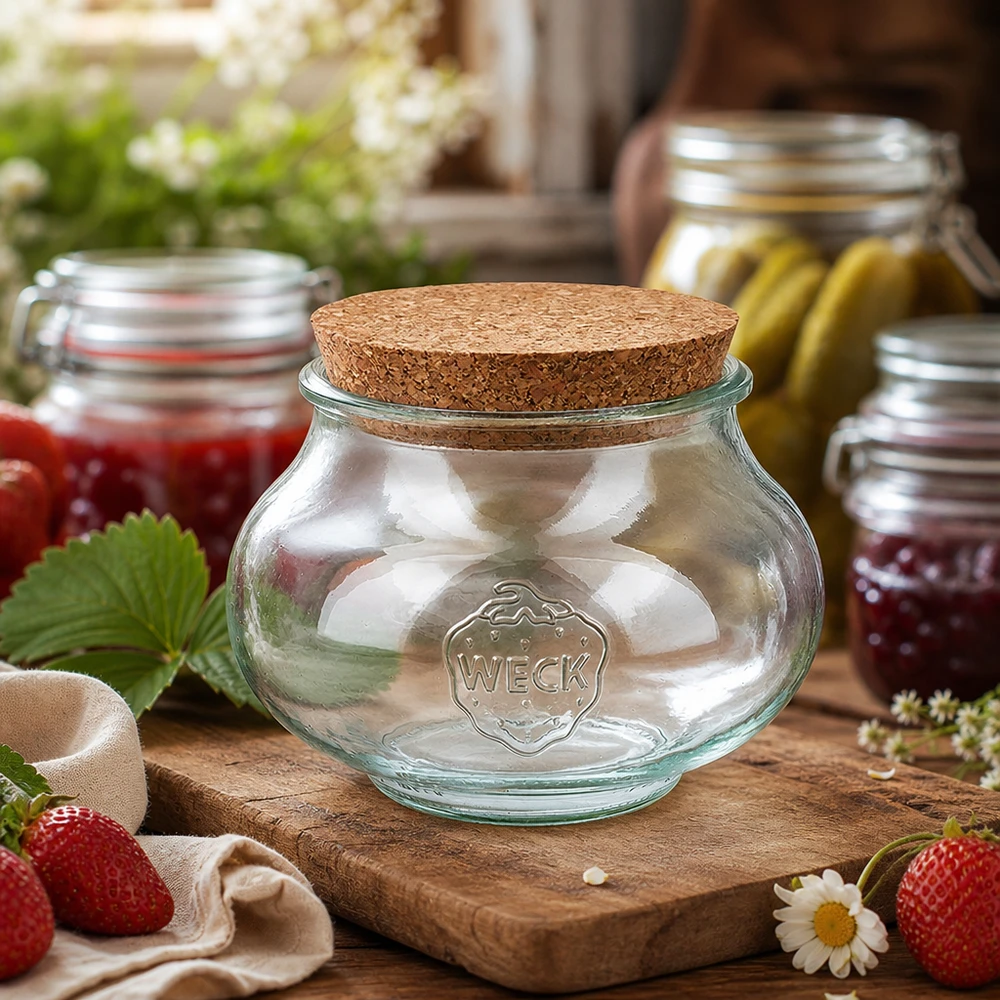 WECK Einmachglas mit Korkdeckel auf Holzbrett dekoriert mit Erdbeeren Blumen neben gefüllten Vorratsgläsern Küchendeko