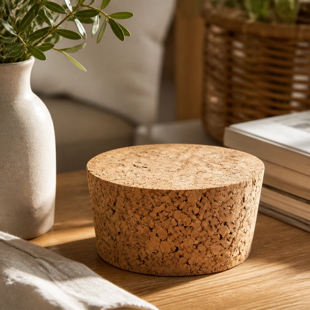 Kurk voor opening 40mm WECK RR40 (ø38/43, H=20mm) WECK kurkstop RR40 natuurlijke kurkstop op houten tafel met vaas en boeken stijlvolle woonkamer decoratie 40mm opening