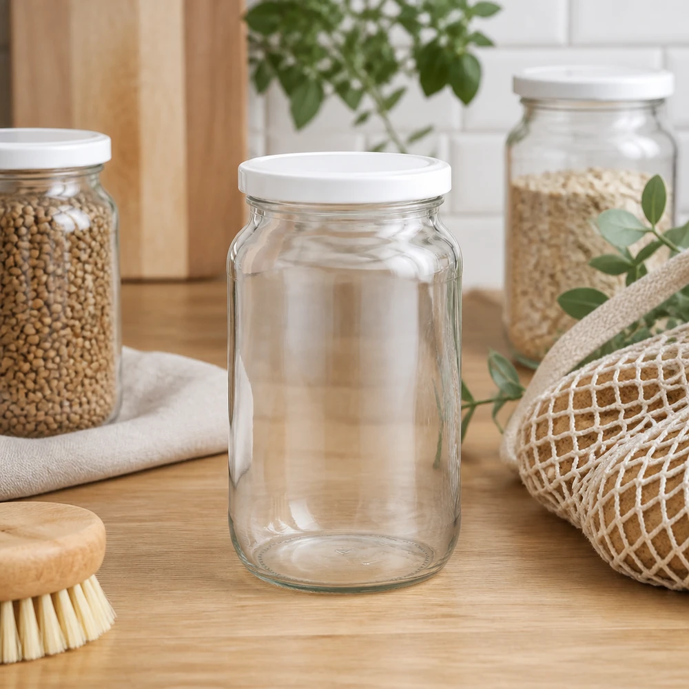 1062ml rond glas met BasicSeal deksel wit UNiTWIST 1062ml ronde pot BasicSeal deksel leeg op aanrecht met voorraadpotten en keukengerei Zero waste keuken