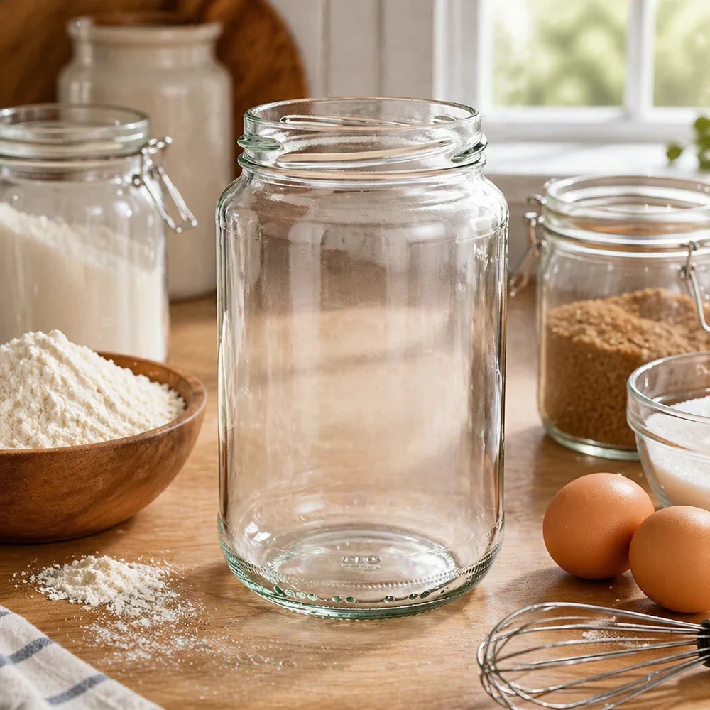 375ml rond glas zonder deksel (TO63) UNiTWIST UNiTWIST Runda375 ronde pot in keuken met bakingrediënten meel eieren en andere voorraadpotten als keukenuitrusting