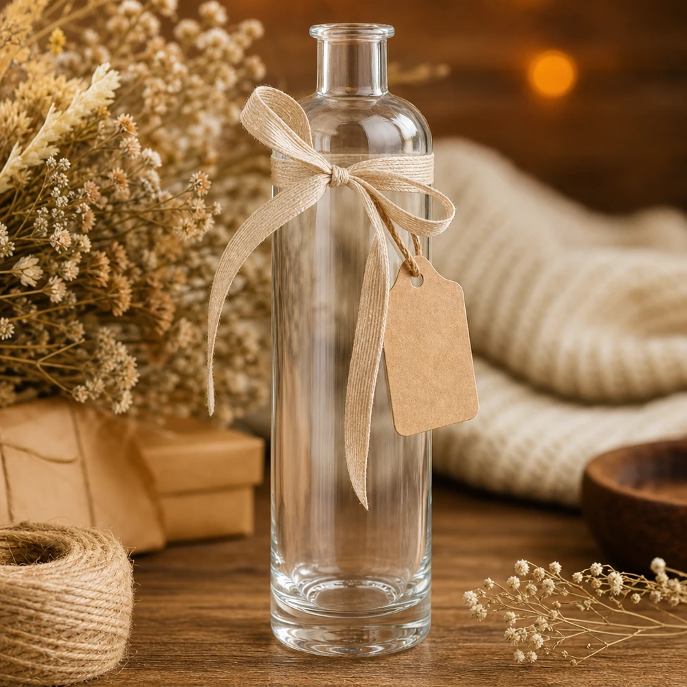 500 ml glazen fles Ella UNiTWIST als geschenkverpakking versierd met strik en hanger rustieke decoratie
