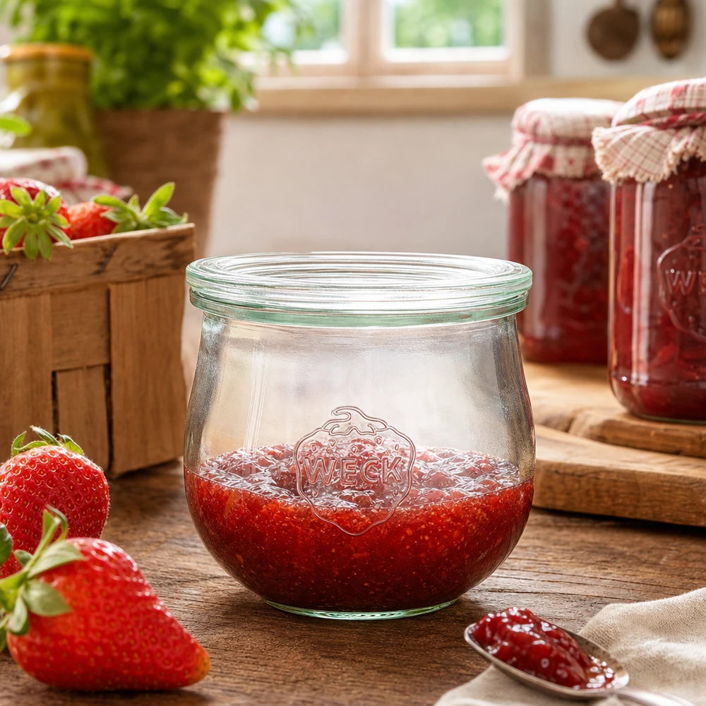370ml tulpenglas met glazen deksel WECK RR80 WECK tulpenpot 370ml RR80 gevuld met aardbeienjam in een rustieke keuken naast verse aardbeien en inmaakpotten