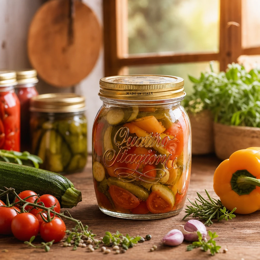 700 ml rond glas "Quattro Stagioni" met deksel Quattro Stagioni 700ml inmaakpot met ingemaakte groenten omringd door verse ingrediënten op een rustieke houten tafel