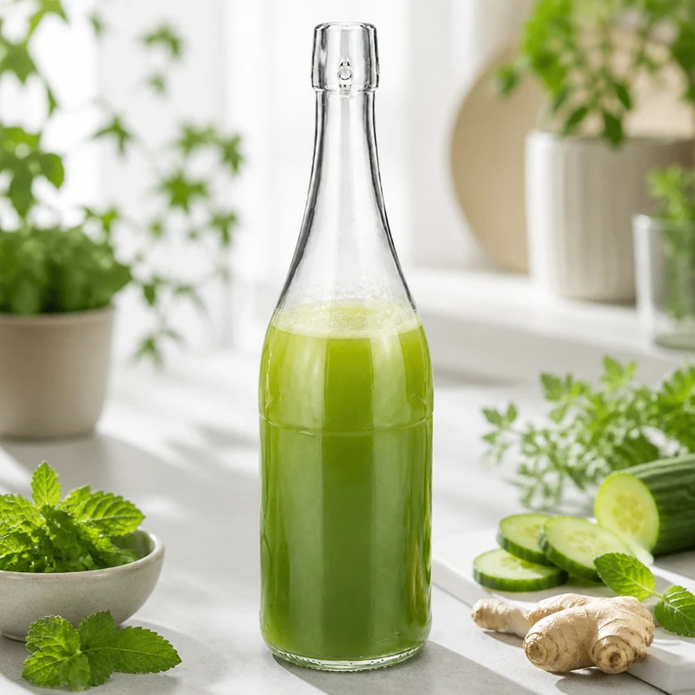 750 ml glazen fles zonder draaidop UNiTWIST 750ml UNiTWIST glazen fles gevuld met groene smoothie tussen verse kruiden komkommer gember gezonde voeding