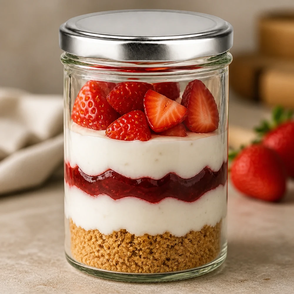 435ml bekers met BasicSeal deksel zilver UNiTWIST 435ml bekers met BasicSeal deksel als dessertpot - Aardbeien gelaagd dessert met biscuitbodem en room