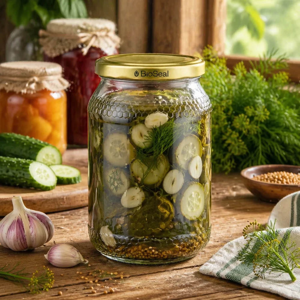 Honingpot 1260 g met gouden BioSeal UNiTWIST-deksel 900ml honingpot BioSeal deksel goud met ingemaakte komkommer dille kruiden knoflook rustiek keukenscène inmaakpot