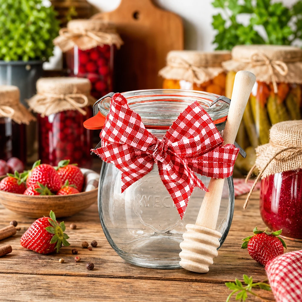 WECK tulpenpot 220ml compleet met honinglepel en strik Inmaakpotje WECK 220 ml met rood lint en houten honinglepel, omringd door jampotjes en aardbeien