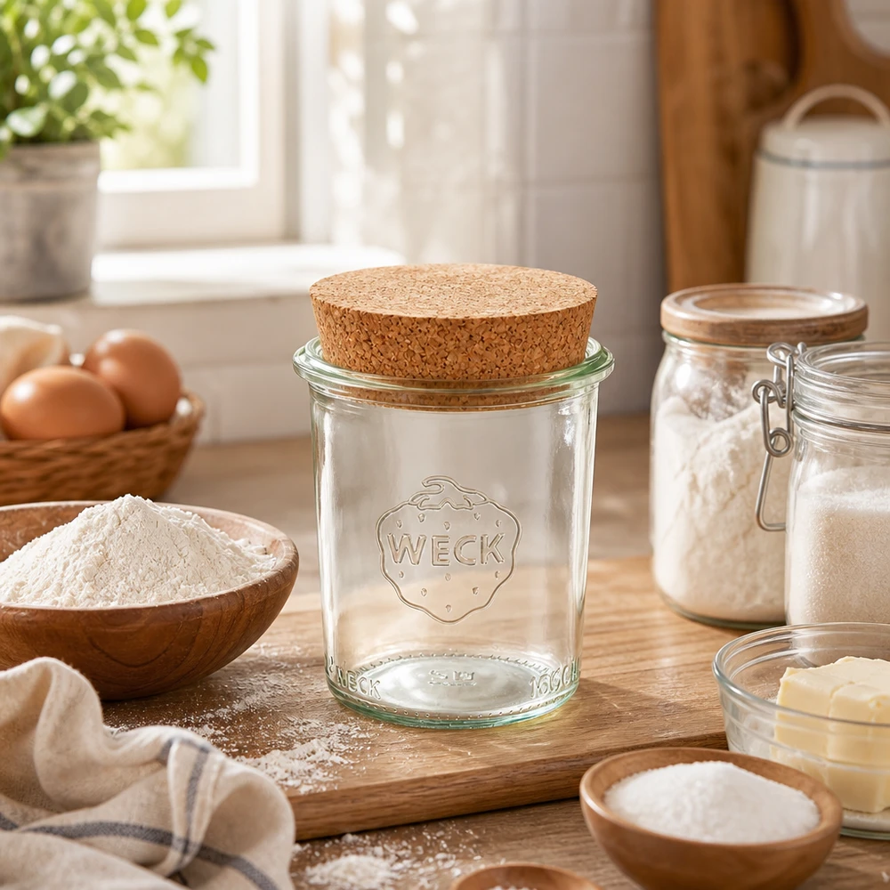 WECK 160ml RR60 mason jar met kurk op een houten plank in een warme keuken, omringd door bakingrediënten, bloem en eieren