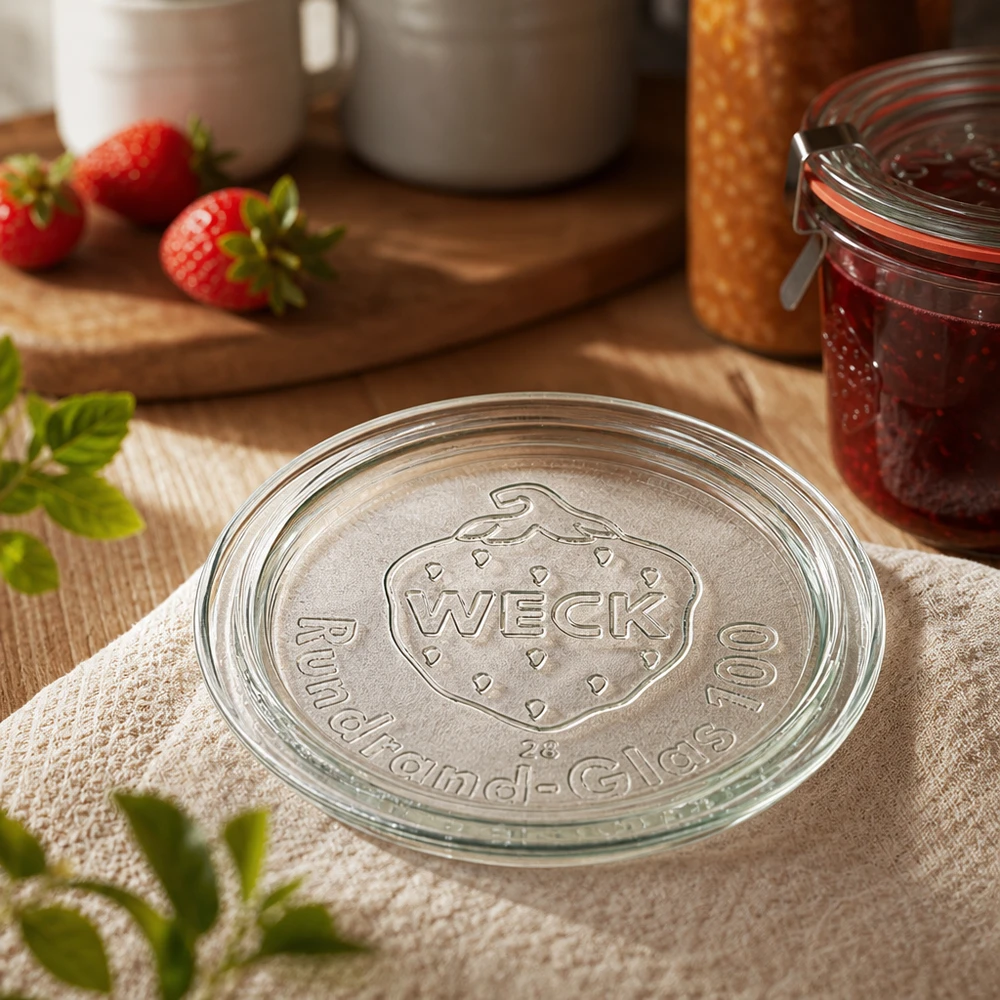 WECK glazen deksel RR100 WECK potdeksel RR100 Close-up met reliëfmerklogo op keukendoek naast aardbeienjam in pot