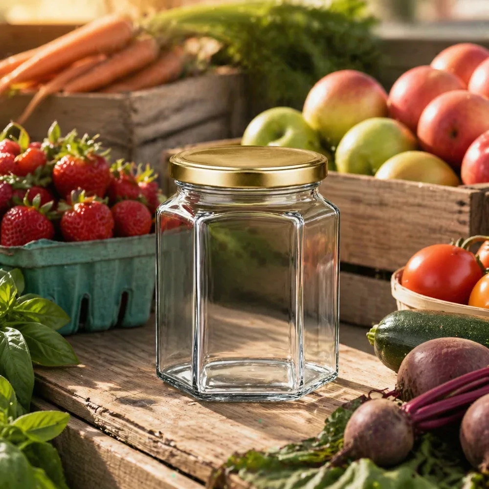 288ml hexaglas met BasicSeal deksel goud UNiTWIST Lege 288ml hexa pot met BasicSeal deksel goud tussen vers fruit en groenten op houten tafel in boerderijkeuken
