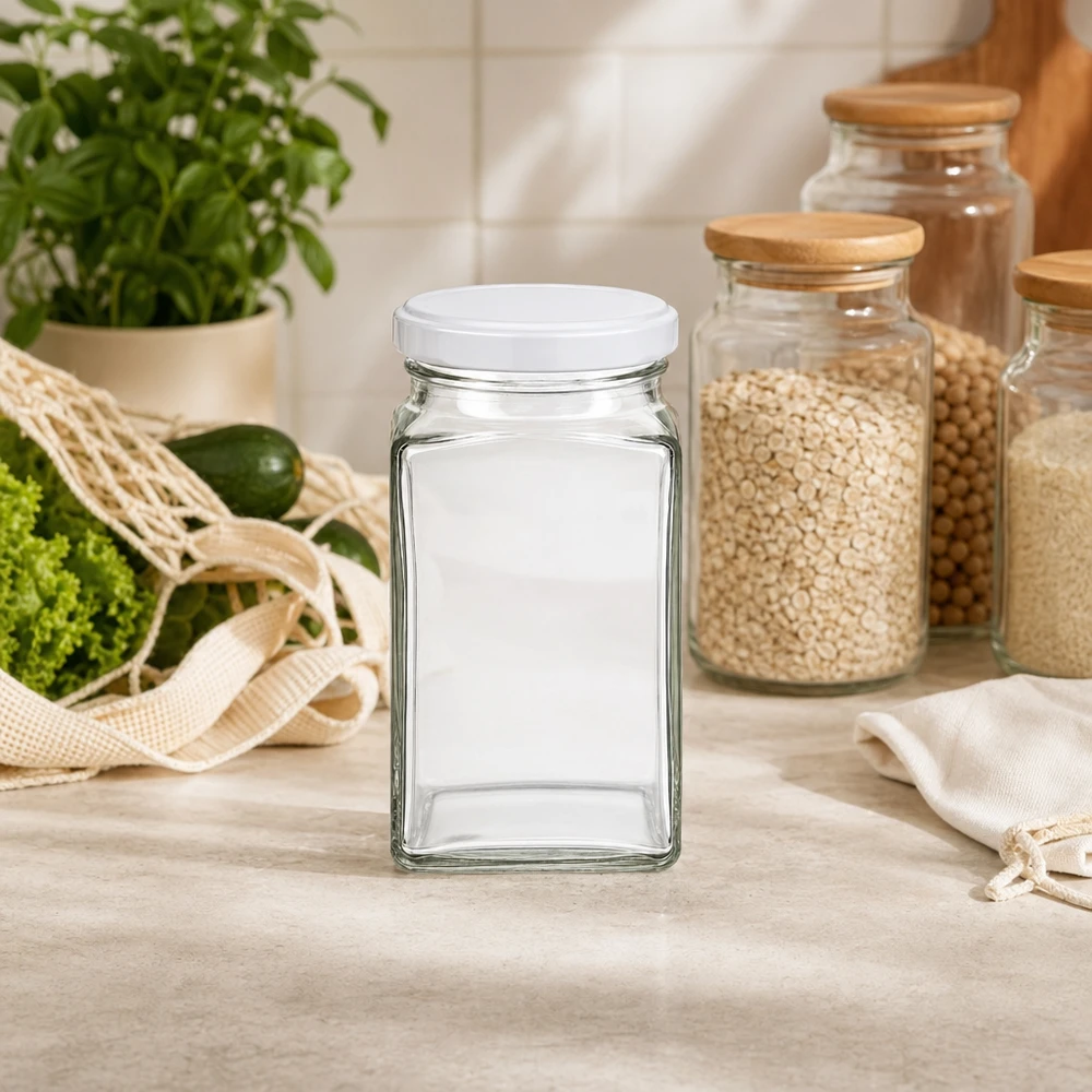 260ml tetraglas met BasicSeal deksel wit UNiTWIST 260ml Tetraglas leer mit weißem Deckel in moderner Küche neben Vorratsgläsern mit Getreide nachhaltige Aufbewahrung