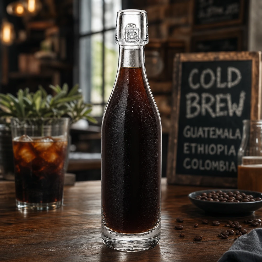 50ml glazen fles UNiTWIST gevuld met cold brew koffie op een houten tafel met koffiebonen en glas