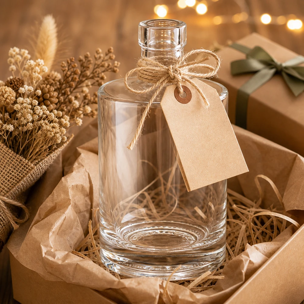 500 ml glazen fles Marie als cadeau met kraftpapier label en jute koord in rustieke verpakking