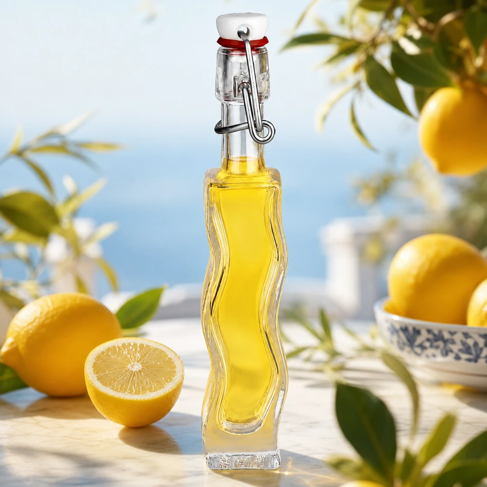 40 ml glazen fles Fila met PVC-sluiting UNiTWIST® 40ml Glasflasche Anna mit gelber Zitronenessenz auf weißer Marmorplatte mit frischen Zitronen und Kräutern im Mediterran