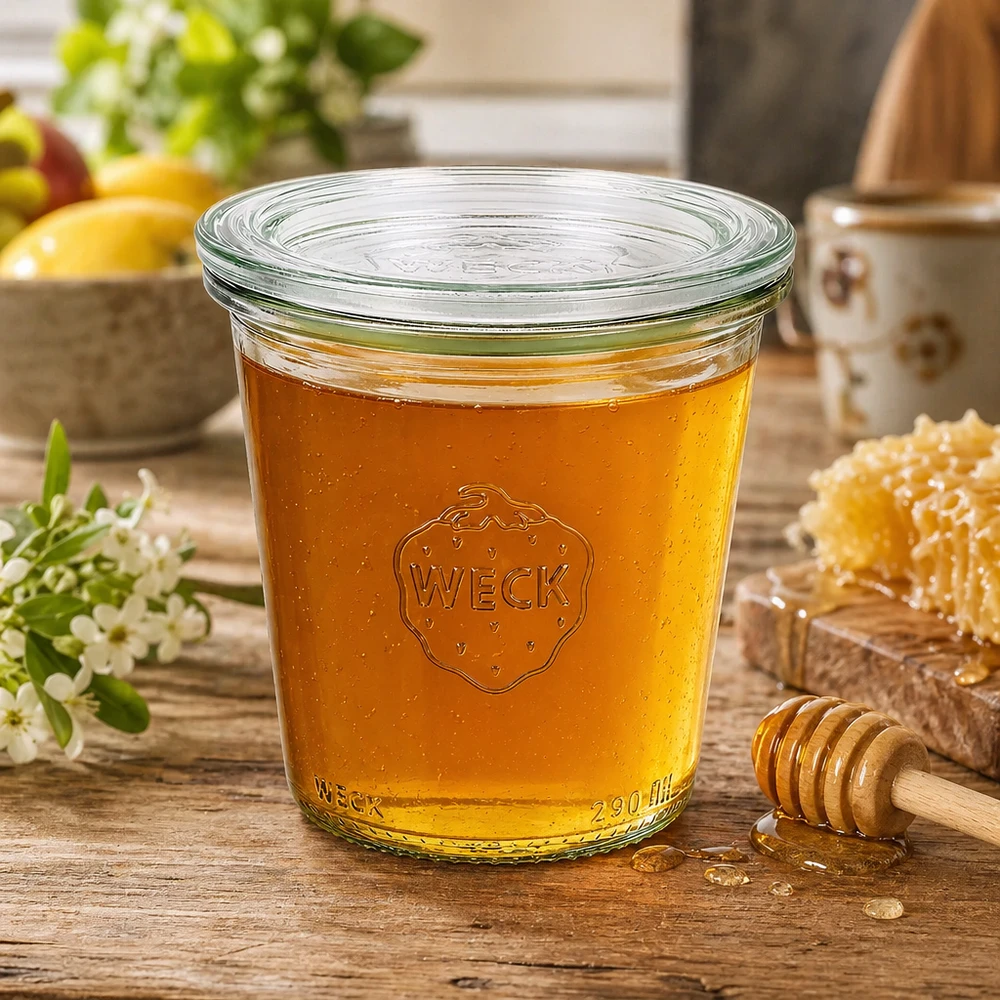290ml stortglas hoge met glazen deksel WECK RR80 WECK bekers 290ml RR80 gevuld met gouden honing en honinglepel als voorbeeld van gebruik in een rustieke ambiance