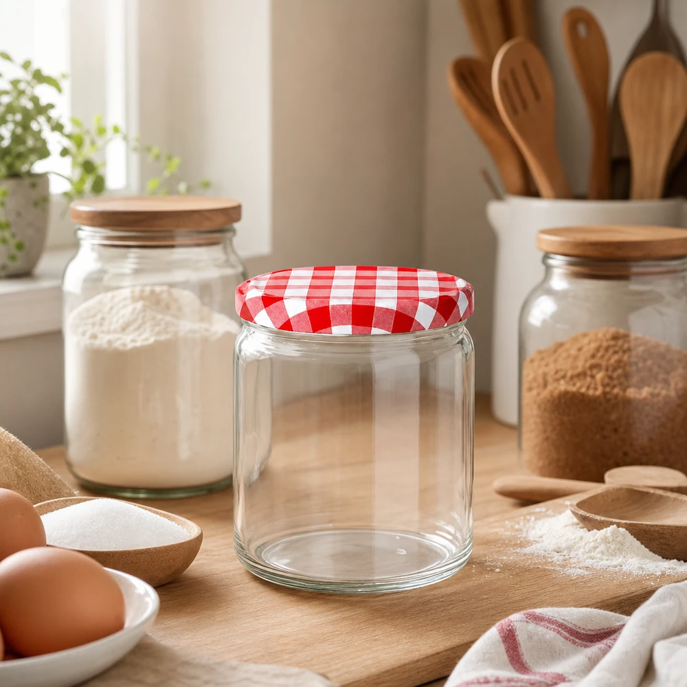 408ml rond glas met BasicSeal deksel rood/wit UNiTWIST 408 ml ronde pot leeg op houten plank in keukentafereel BasicSeal deksel rood wit geblokt Bakingrediënten Eieren Bloem