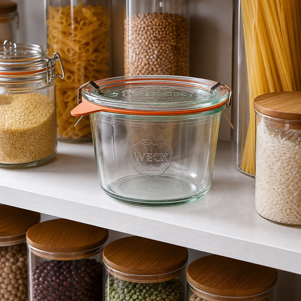 370ml stortglas compleet WECK RR100 WECK 370ml RR100 lege voorraadpot in een georganiseerde voorraadkast naast gevulde potten pasta en peulvruchten