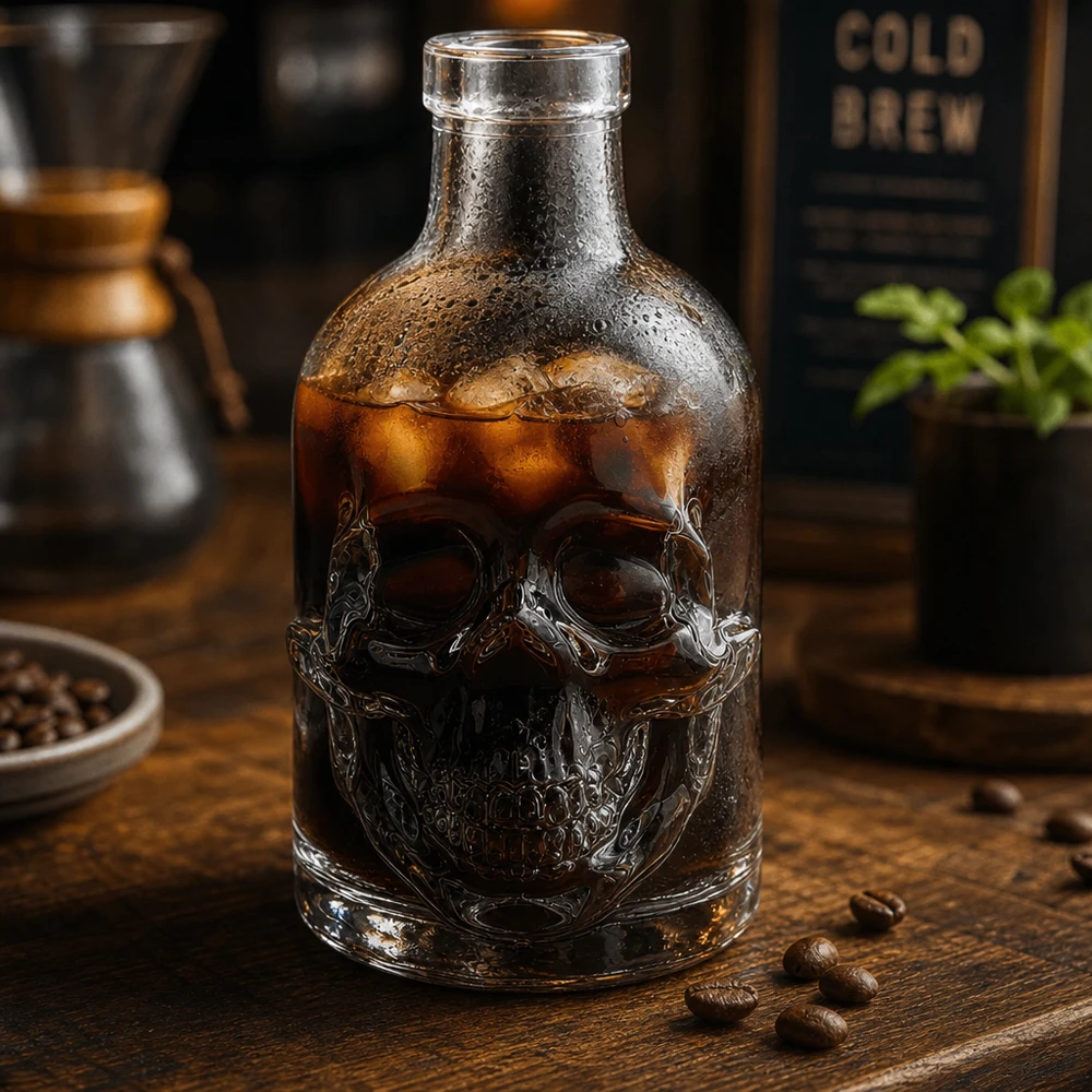 200 ml glazen fles Jack zonder sluiting UNiTWIST® 200ml glazen fles Jack skull relief gevuld met cold brew koffie Eiskubes Coffeeshop sfeer donker hout