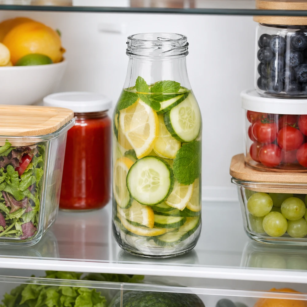 263ml fles zonder deksel (TO43) UNiTWIST UNiTWIST Fles263 Glazen fles 263ml met komkommer-citroen-munt infused water in de koelkast TO43 dop