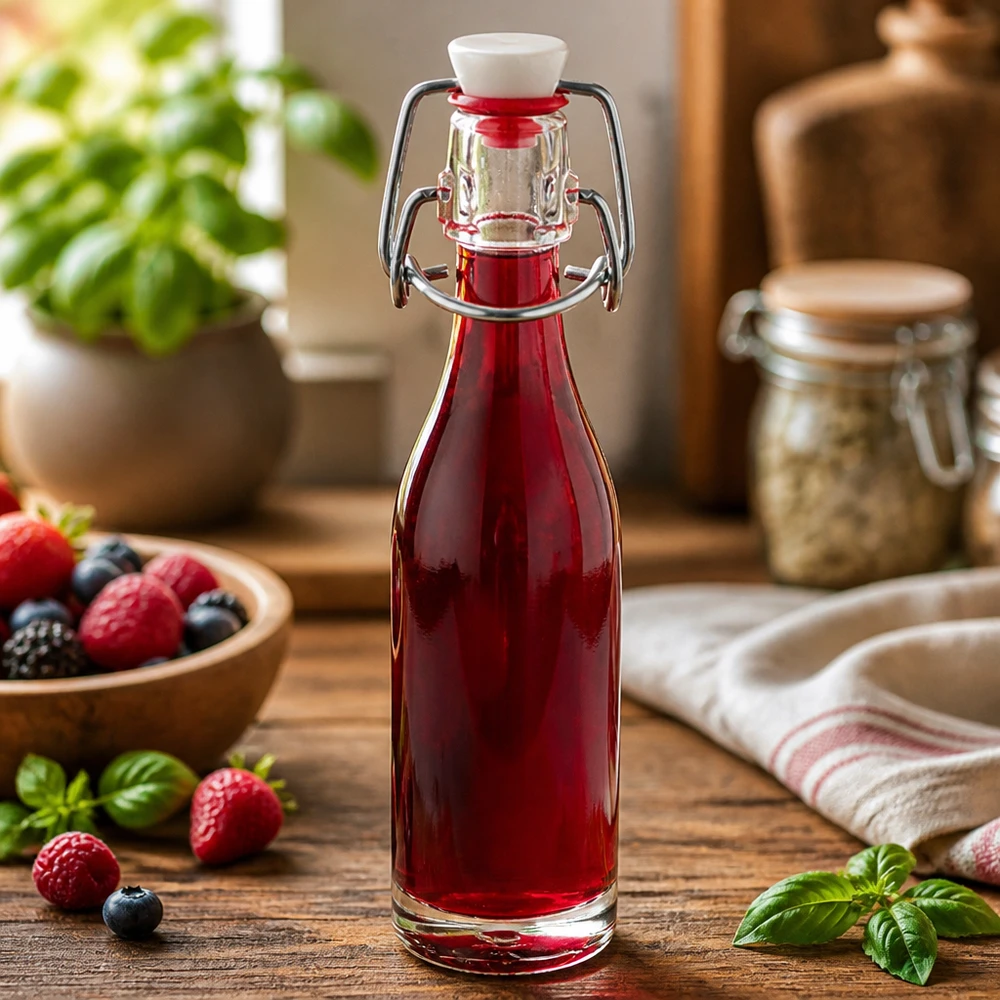 50 ml glazen flesje met draaidop gevuld met rode bessensap omringd door verse aardbeien en bosbessen
