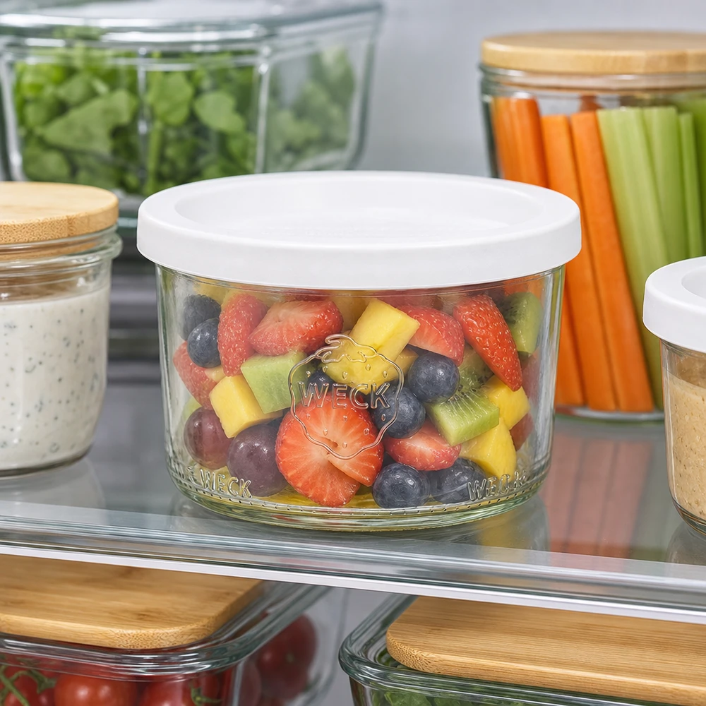WECK bekers 200ml RR80 met fruitsalade bewaard in de koelkast voor maaltijdvoorbereiding en gezonde snacks