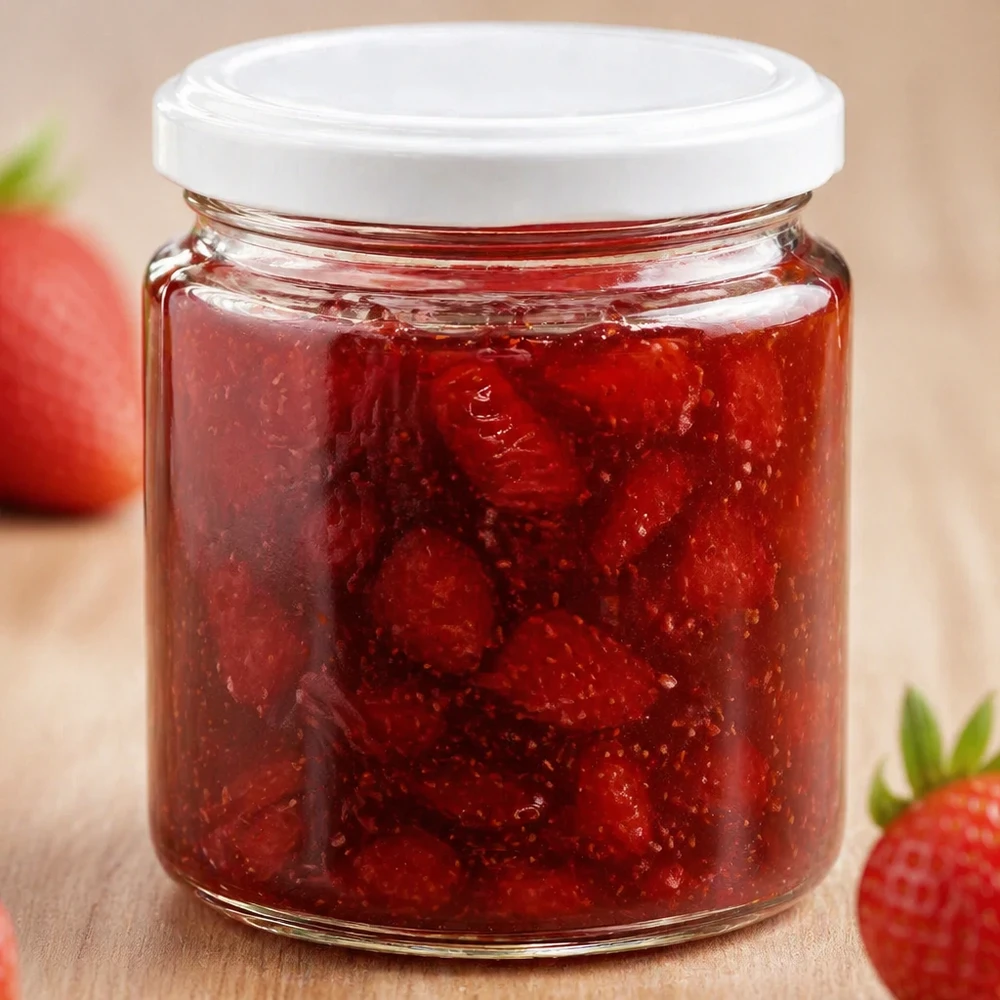 Honingpot 350 g met witte BasicSeal UNiTWIST-deksel Honingpotje van 250 ml met wit UNiTWIST deksel gevuld met rode aardbeienjam naast verse aardbeien
