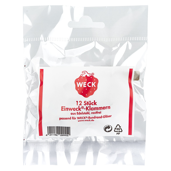 Weck Clips (verpakking(en) van 12) WECK inmaakklemmen 12 stuks roestvrij staal voor potten met ronde rand Originele productverpakking