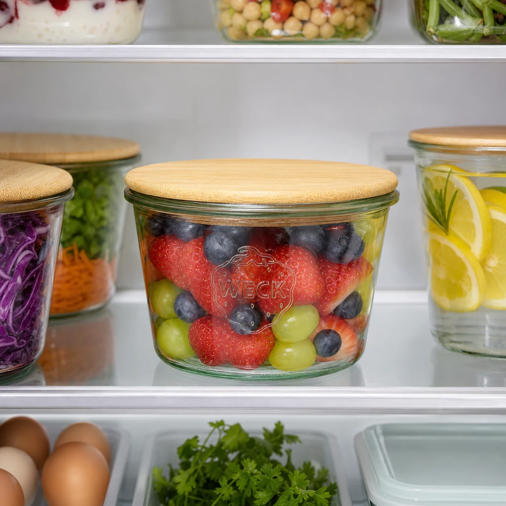 WECK RR100 bekers 370ml met bamboe deksel in de koelkast gevuld met vers fruit - aardbeien bosbessen druiven