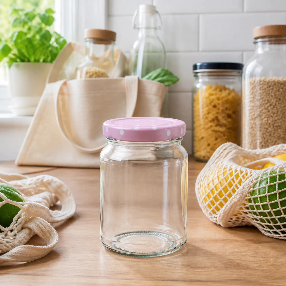 Ronde pot van 205 ml + roze BasicSeal-deksel met stippen UNiTWIST Leeres 205ml Rundglas mit rosa Punktedeckel in nachhaltiger Zero-Waste Küche mit Vorratsgläsern und Einkaufsnetz