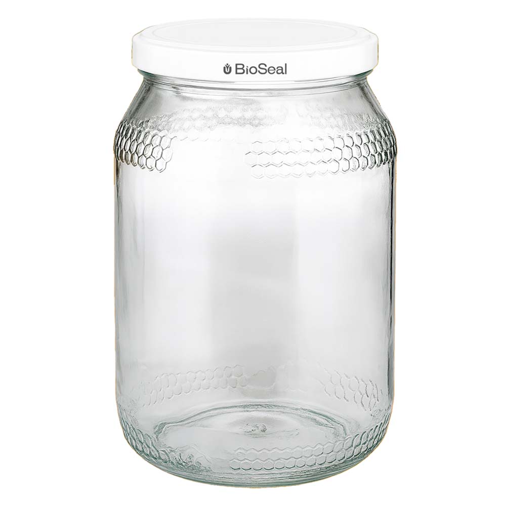 Honingpot 1260 g met witte BioSeal UNiTWIST-deksel 900ml honingpot met wit BioSeal deksel UNiTWIST lege glazen pot voor honing met honingraatmotief
