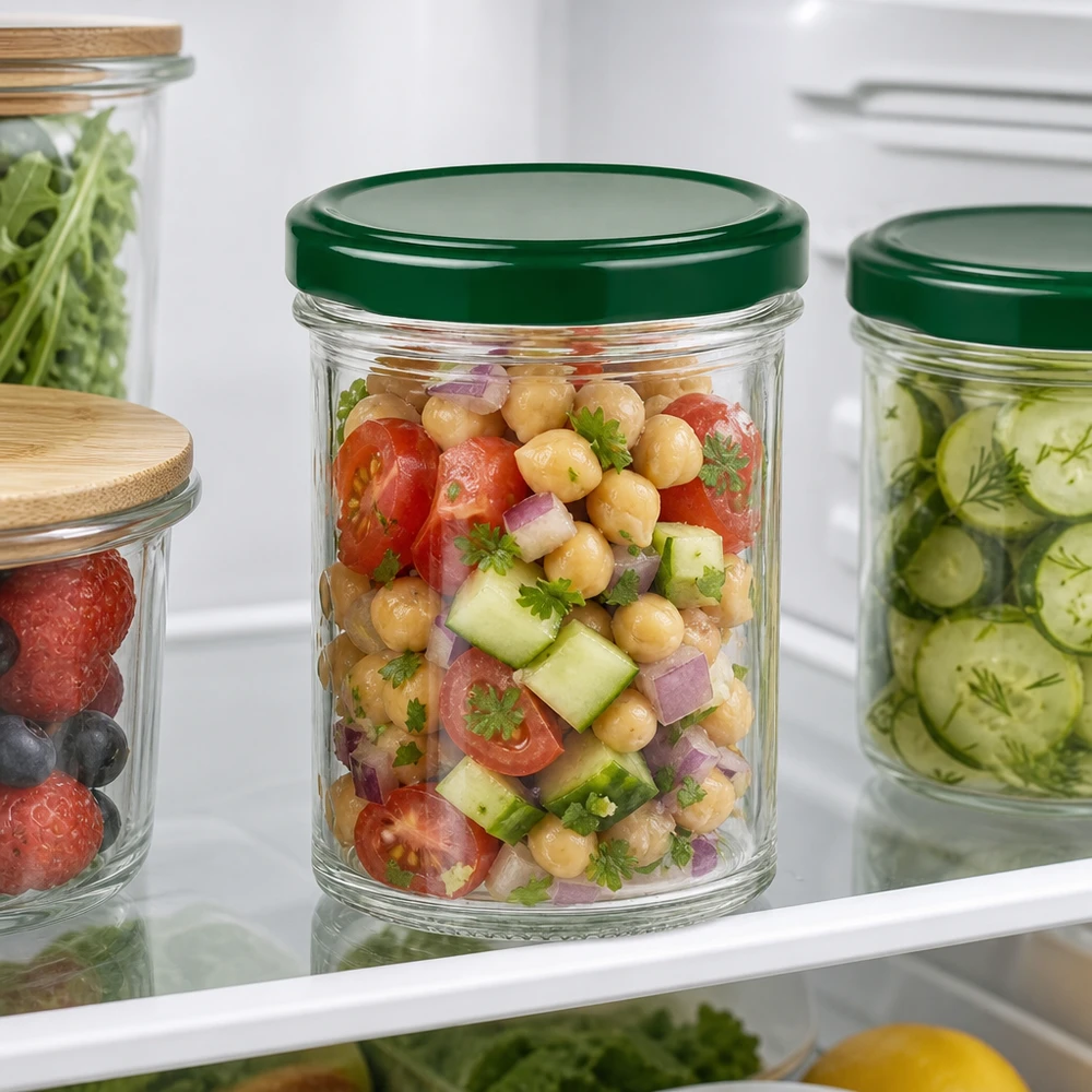 350ml bekers met BasicSeal deksel groen UNiTWIST 350 ml bekers groen in de koelkast gevuld met kikkererwtensalade tonen praktische voedselopslag