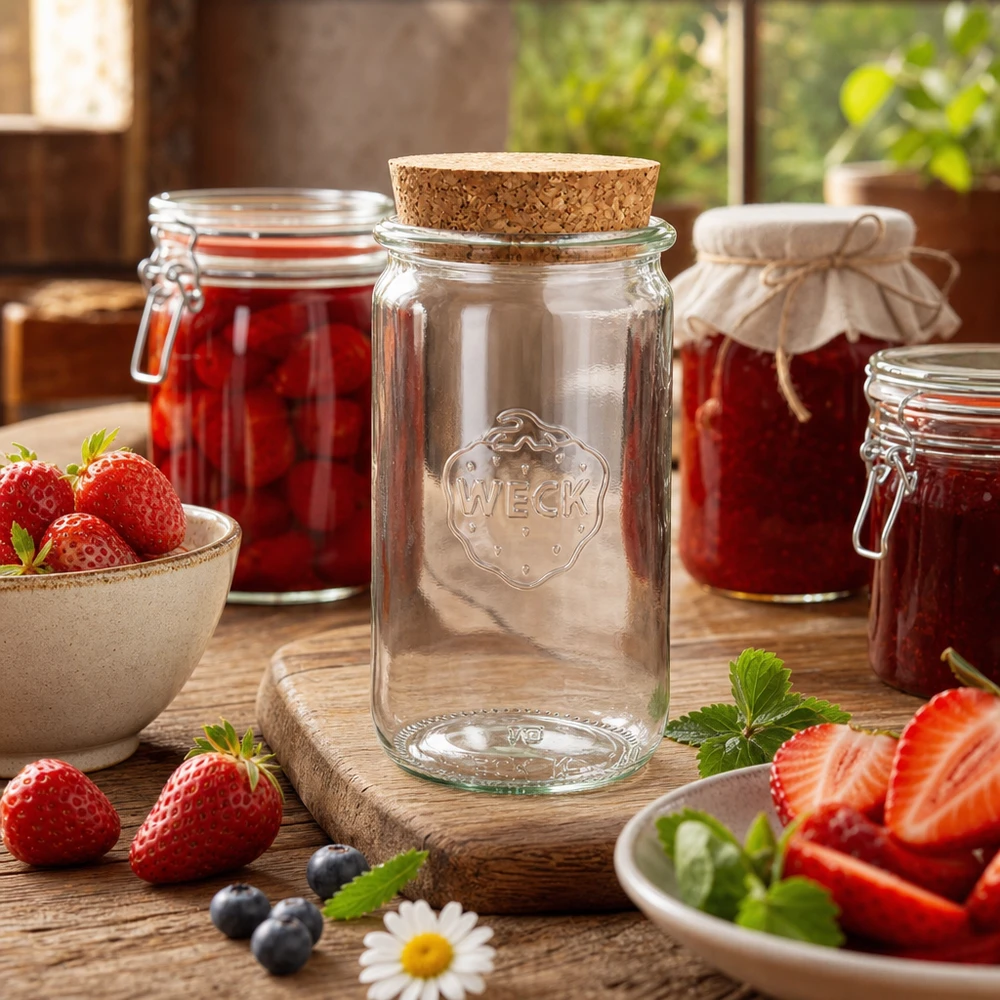 340ml cilinderglas WECK RR60 met kurk WECK 340ml cilinderpot RR60 met kurk naturel in keukensfeer gedecoreerd met verse aardbeien en inmaakpotten