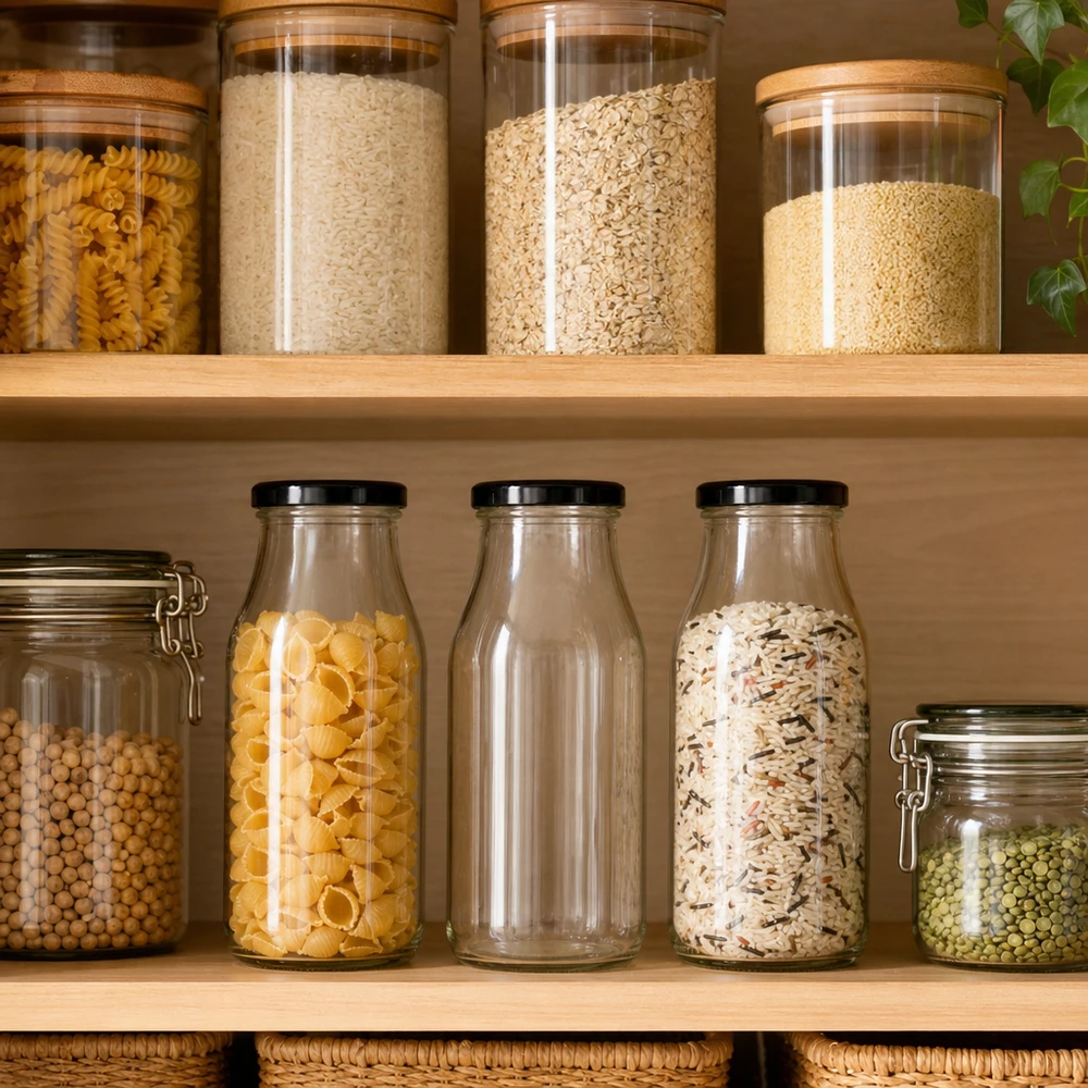 263ml fles met BasicSeal deksel zwart UNiTWIST 263ml glazen fles met zwart deksel tussen voorraadpotten pasta en ontbijtgranen in georganiseerde keuken